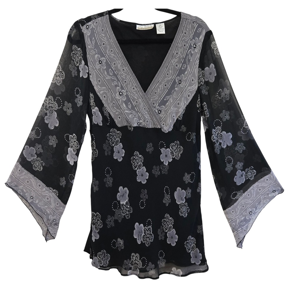 N. Y. City Design Co Whimsigoth Silk Floral Bell Sleeve Blouse V-Neck Black L